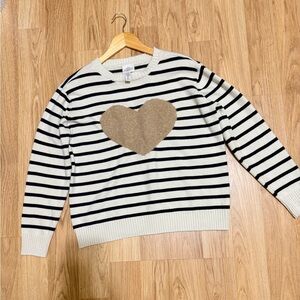 St. John Women’s Sz L Blue White Stripes Knitted Heart Crewneck Pullover Sweater